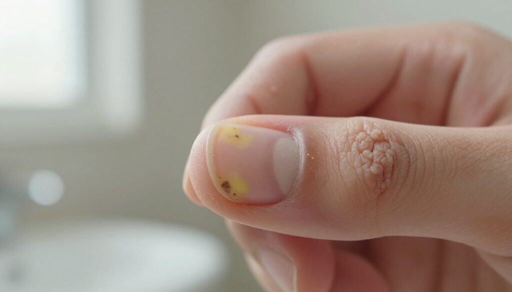 A close-up image of a human toenail affected by nail fungus, showcasing the key symptoms such as discoloration, thickening, and brittleness. The foreground features the toenail with a focus on its unhealthy texture, displaying shades of yellowish-white and dark spots. In the middle ground, a hint of an additional toenail can be seen for contextual contrast, with healthy nails in comparison. The background should be softly blurred, depicting a neutral bathroom setting with natural light coming from a nearby window to enhance visibility of the details. The overall mood should feel clinical and informative, aiming to educate viewers about fungal nail appearance, without any distractions from the main focus.
