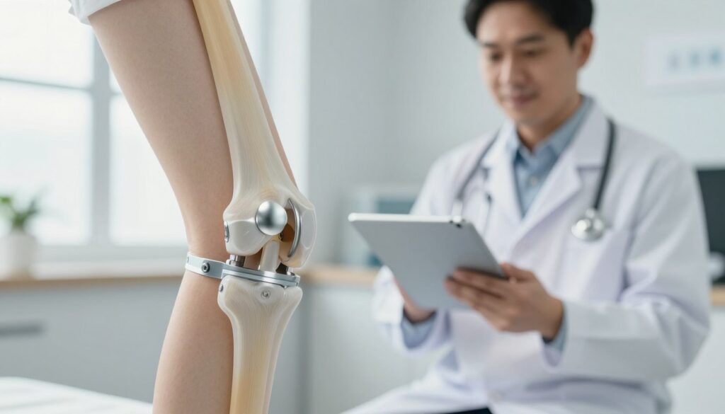 A close-up image of a knee joint implant, highlighting its durability and design. The foreground features a detailed view of the implant, showcasing its metallic components and synthetic materials. In the middle ground, a doctor, dressed in a professional white coat, examines the implant with a digital tablet, illustrating the research and assessments conducted on longevity. The background is a modern clinic setting, softly lit with natural light streaming in through a window, creating a calm and professional atmosphere. The focus should be on the implant and the interaction between the doctor and the technology, conveying a sense of innovation and hope in orthopedic care.