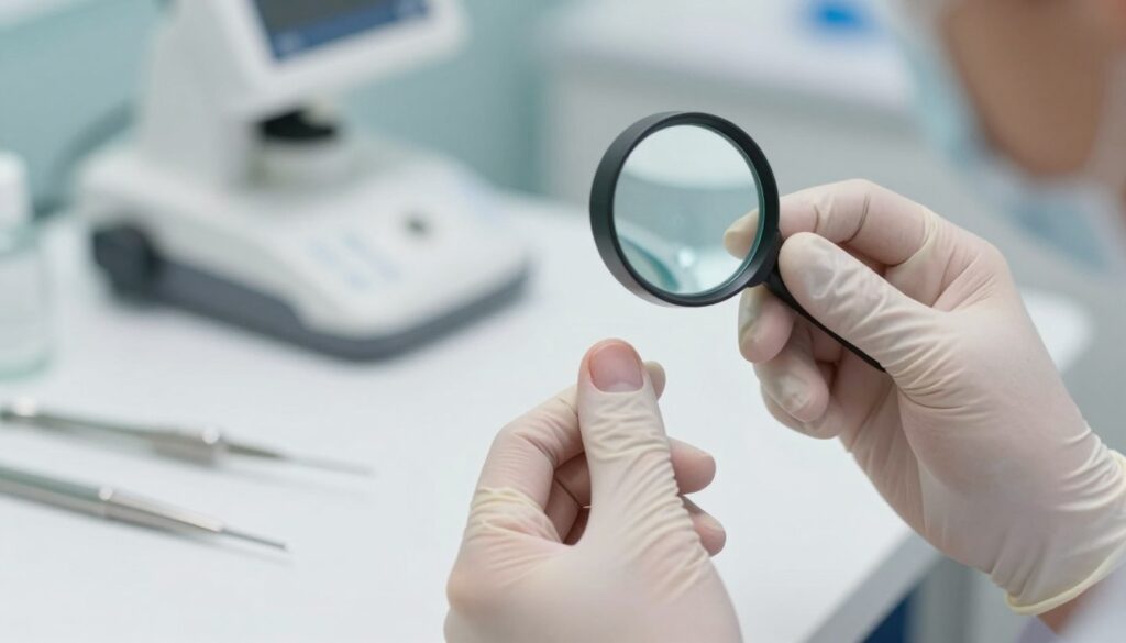 A close-up image of a professional dermatology or podiatry examination, showcasing a healthy nail and a nail with a black spot, indicative of fungal infection or a possible urgent symptom. In the foreground, focus on the hands of a medical professional, wearing gloves, gently analyzing the nails with a magnifying glass. The middle ground features a well-lit examination room with clinical instruments and an organized workspace, emphasizing cleanliness and precision. Soft, diffuse lighting highlights the details of the nails to create a clinical yet calm atmosphere. The background is blurred to maintain focus on the hands and nails, presenting an informative and instructive mood perfect for illustration purposes.