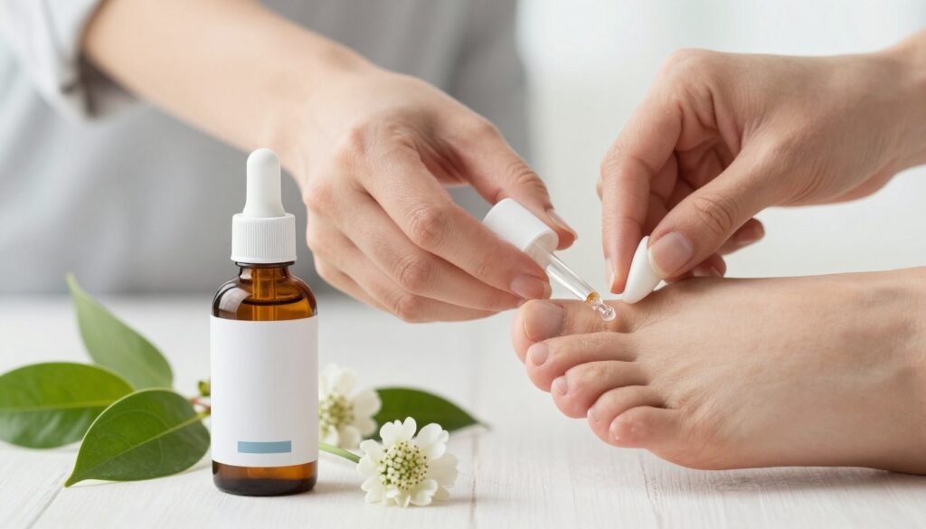 A close-up image of a professional nail care product specifically designed for ingrown nails. In the foreground, showcase an elegant bottle of liquid treatment with a sleek design, featuring a dropper cap to emphasize precision. Surround the bottle with fresh, natural elements like green leaves and gentle flowers to symbolize healing. In the middle ground, include a pair of well-groomed hands applying the solution to a toe, ensuring that the hands are depicted in modest, casual attire. The background should be softly blurred to create a serene, clean environment, with diffused natural light illuminating the scene. The overall mood should convey care and relief, emphasizing daily nail health and wellness.