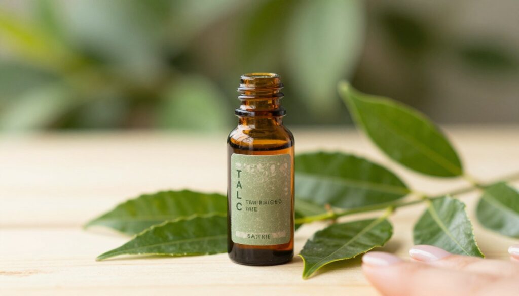 A close-up image of a small glass bottle of tea tree oil, labeled and elegant, placed on a light wooden surface with a few scattered tea tree leaves around it. In the background, a softly blurred natural setting with greenery creates a calming atmosphere, evoking a sense of natural healing. The lighting is warm and inviting, highlighting the texture of the bottle and the vibrant green of the leaves. A few delicate nails, well-groomed and polished, are subtly visible in the foreground, suggesting the oil's application on nails. The overall mood is soothing and natural, emphasizing the holistic approach to nail care and health. Use a shallow depth of field to focus on the bottle, with soft bokeh effects in the background.