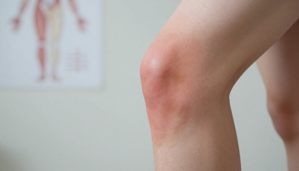 A close-up image of a swollen knee, focusing on the joint area to highlight inflammation and fluid accumulation. The foreground showcases the knee, with a slight sheen on the skin indicating swelling, captured with soft, diffused lighting to enhance the details. In the middle ground, a neutral, medical-themed background with subtle hints of anatomical diagrams or charts to imply a clinical setting. The angle should be slightly elevated, emphasizing the knee while maintaining a professional appearance. The overall mood is serious and informative, conveying a sense of urgency and the need for medical attention, suitable for a medical article environment.