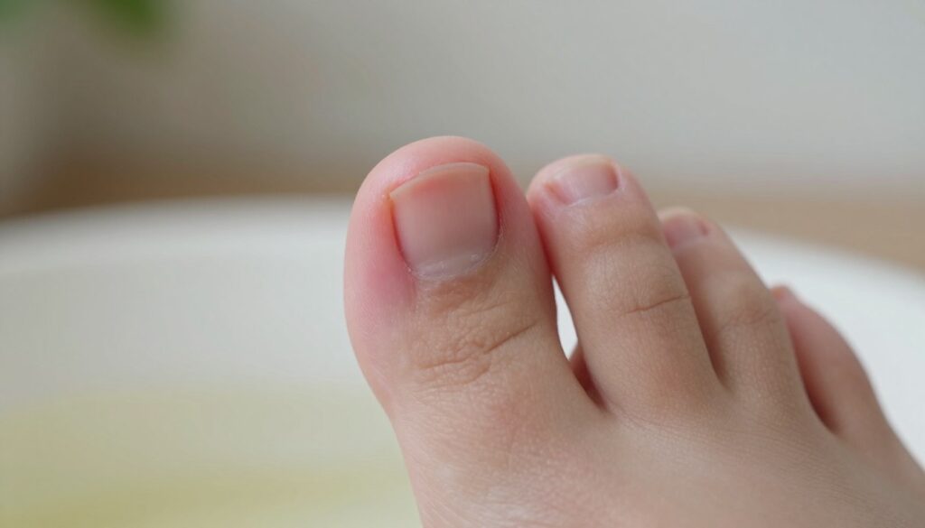 A close-up image of an inflamed ingrown toenail, depicting redness and swelling around the nailbed, with a focus on texture and detail. The scene should be well-lit, emphasizing the contours of the skin and toenail, using soft natural lighting to create a clean and clinical atmosphere. The background should be softly blurred to keep attention on the toenail while suggesting a home environment, perhaps with a hint of a soothing soak being prepared in a small bowl nearby. The mood should convey a sense of calm and care, ideal for a healing context, showcasing the toenail's condition realistically and respectfully. No text or other distractions should be present. A close-up image of an inflamed ingrown toenail, depicting redness and swelling around the nailbed, with a focus on texture and detail. The scene should be well-lit, emphasizing the contours of the skin and toenail, using soft natural lighting to create a clean and clinical atmosphere. The background should be softly blurred to keep attention on the toenail while suggesting a home environment, perhaps with a hint of a soothing soak being prepared in a small bowl nearby. The mood should convey a sense of calm and care, ideal for a healing context, showcasing the toenail's condition realistically and respectfully. No text or other distractions should be present.