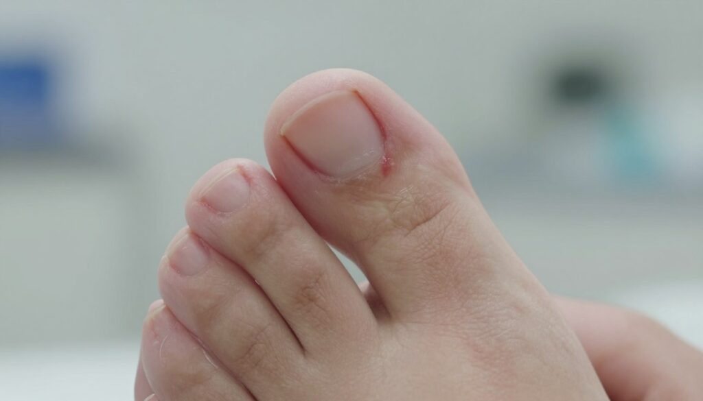 A close-up image of an ingrown toenail on a human foot, focusing on the affected area. The toenail is visibly curved, embedding into the surrounding skin, showcasing redness and slight swelling around the nail. The foot should be positioned at an angle, allowing for a clear view of the toenail's shape and the skin's texture. Soft lighting is used to enhance details without harsh shadows, creating a clinical yet compassionate atmosphere. The background is softly blurred, suggesting a clean, professional medical environment, possibly with subtle hints of medical equipment in the distance. The overall mood is informative and serious, aiming to educate viewers about this common foot ailment.