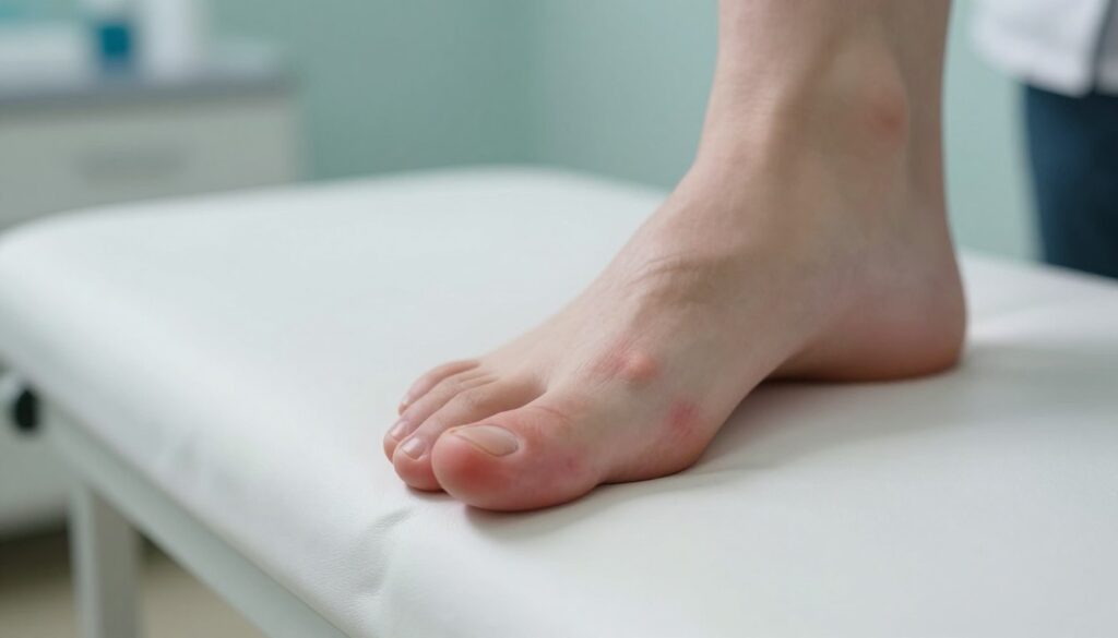 A close-up image of an ingrown toenail on a person's foot, depicted in a clinical setting. The foreground should focus on the painful ingrown nail, showing the skin's redness and irritation surrounding it in detailed texture. The middle ground can feature the bare foot resting on a white examination table, with soft, diffused lighting highlighting the contours of the foot and the problem area. In the background, a blurred medical office environment with a soothing color palette conveys a sense of care and professionalism. The mood is serious yet informative, emphasizing the natural human experience of foot health concerns while maintaining a clean and safe representation.