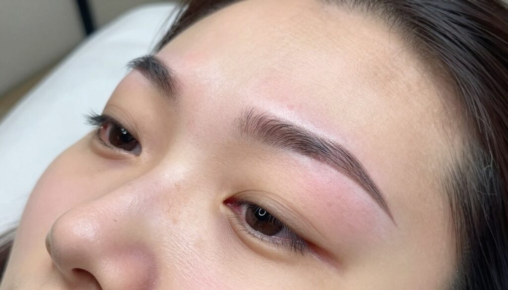 A close-up image of freshly treated eyebrows after a permanent makeup removal procedure, showcasing the skin's texture and healing process. The skin should appear slightly red and tender, indicating the effects of the laser treatment, with the eyebrows meticulously shaped and defined. Soft, natural lighting illuminates the scene from above, highlighting the delicate details and providing a soothing ambiance. The background should be softly blurred, emphasizing the eyebrows and the skin around them, while ensuring a clean, clinical environment. The angle is slightly tilted, capturing the contours of the face without including any other features. The overall mood is calm and professional, evoking a sense of care and precision in post-treatment healing.