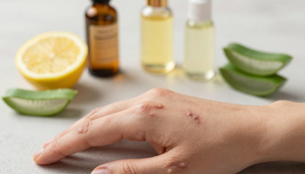 A close-up image of human skin showcasing a hand with several visible warts, depicting different stages of treatment. The foreground features the hand displaying a wart in detail, with a muted color palette to emphasize the skin’s texture and imperfections. The middle ground includes a variety of natural home remedies for warts, such as lemon slices, vinegar, and aloe vera, artistically arranged around the hand. The background is softly blurred with a calming atmosphere, featuring a light, neutral color scheme that enhances the overall focus on the subject. Gentle, natural lighting illuminates the scene, evoking a serene and informative mood, highlighting the theme of safe home remedies.