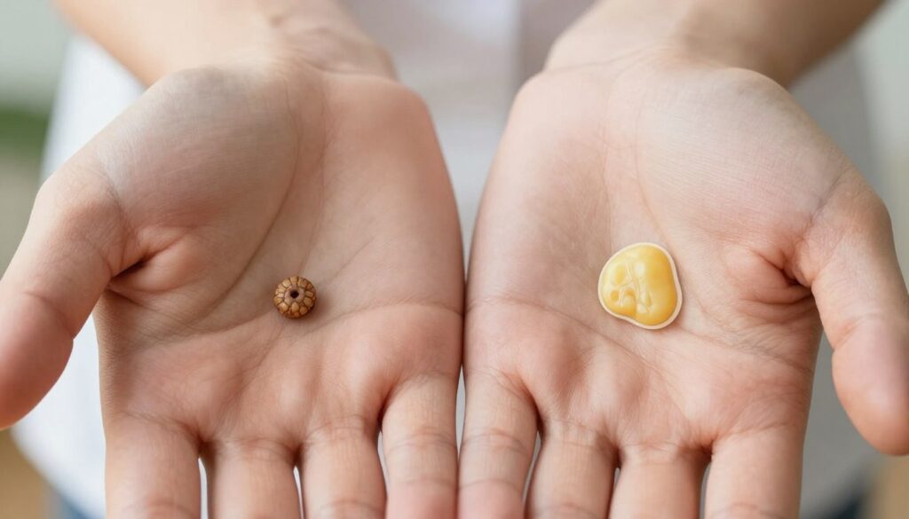 A close-up image of two hands placed side by side, clearly displaying a comparison between a wart and a corn. The wart is depicted as a small, raised, rough-textured growth with a dark center, while the corn is shown as a smoother, yellowish area with a defined outline. The hands should be well-groomed, with neutral skin tones, and should be positioned against a soft, blurred background that suggests a clinical setting. Natural lighting illuminates the hands, emphasizing the textures and details of both skin conditions. The atmosphere is informative and professional, aimed at educating viewers on the differences. The image should focus closely on the hands, ensuring clarity in the visual contrasts between the wart and the corn, without any text or overlays.