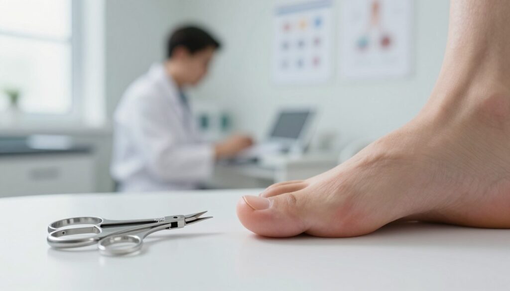 A close-up image showcasing an ingrown toenail situation, focusing on a person's foot in a pristine, clinical setting. In the foreground, detailed examination tools such as nail clippers or cuticle scissors are arranged neatly next to a foot with a visible ingrown toenail, highlighting tenderness and care. The middle area features a professional, soft lighting to emphasize cleanliness and precision. In the background, a blurred but recognizable podiatrist's office environment adds context, with elements like medical charts and charts softly illuminated by natural light. The atmosphere is calm and professional, evoking a sense of care and expertise. The scene should not contain any text, watermarks, or distractions, aiming for a clear focus on the subject matter. A close-up image showcasing an ingrown toenail situation, focusing on a person's foot in a pristine, clinical setting. In the foreground, detailed examination tools such as nail clippers or cuticle scissors are arranged neatly next to a foot with a visible ingrown toenail, highlighting tenderness and care. The middle area features a professional, soft lighting to emphasize cleanliness and precision. In the background, a blurred but recognizable podiatrist's office environment adds context, with elements like medical charts and charts softly illuminated by natural light. The atmosphere is calm and professional, evoking a sense of care and expertise. The scene should not contain any text, watermarks, or distractions, aiming for a clear focus on the subject matter.