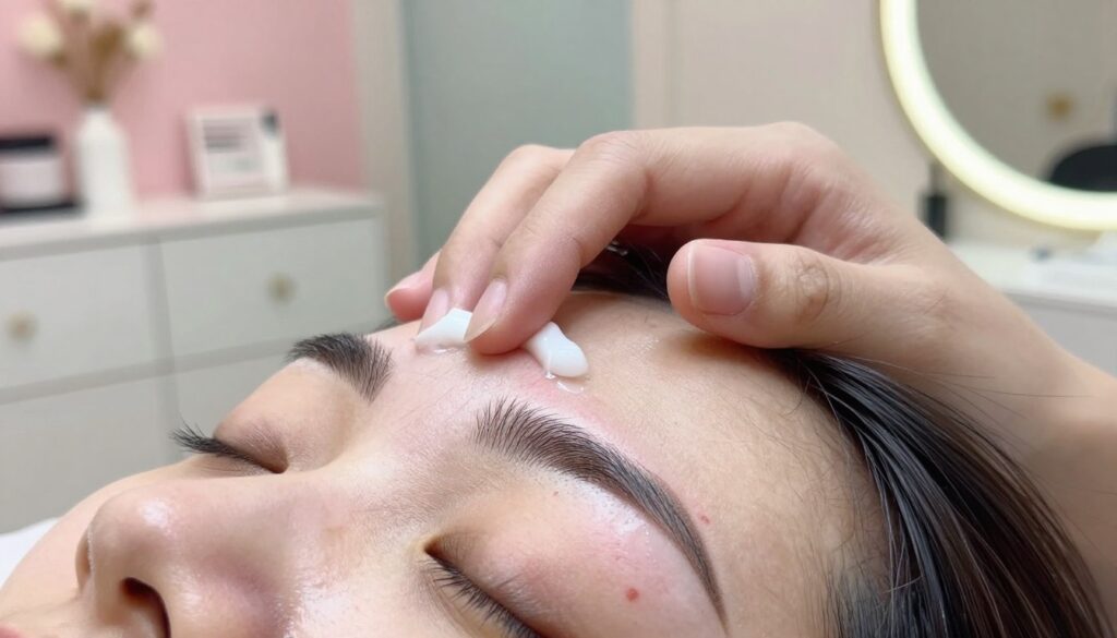 A close-up image showcasing the healing process of freshly tattooed eyebrows after permanent makeup. In the foreground, display a pair of beautifully symmetrical, natural-looking eyebrows, with subtle signs of healing such as slight redness and minimal flaking. In the middle ground, depict a gentle hand applying soothing balm to the eyebrows, emphasizing care and skincare. The background should consist of a softly illuminated beauty salon setting, featuring muted pastel colors and elegant decor that creates a calm atmosphere. Use soft, diffused lighting to enhance the soothing mood of the scene. The angle should be slightly above the eyebrows, capturing the delicate nature of the healing process while maintaining a professional, serene ambiance. Avoid any text or distractions in the image.