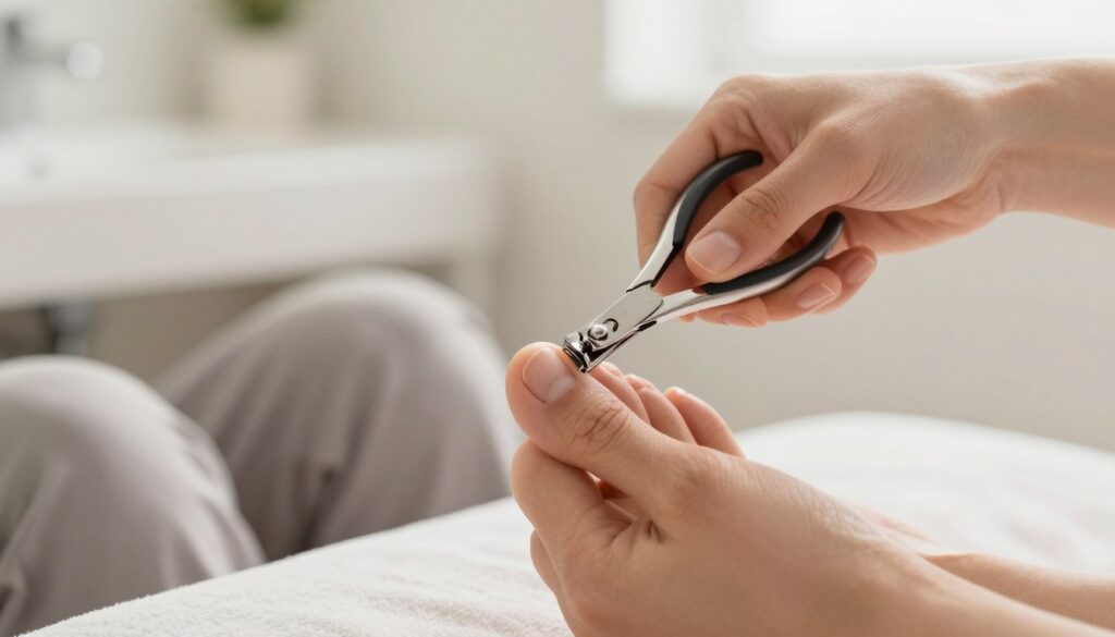 A close-up image showing the precise technique of toenail cutting. In the foreground, a pair of well-manicured feet resting on a soft, neutral-colored surface, with the toenails being cut using high-quality nail clippers. The clippers, reflecting light, are positioned expertly against the toenail, illustrating the cutting angle. In the middle, a caring hand—well-groomed and wearing modest, casual attire—holds the foot gently to provide stability. The background features a softly blurred image of a well-lit, tidy bathroom, giving an atmosphere of cleanliness and professionalism. Natural lighting creates a warm, inviting glow, emphasizing the delicate process while ensuring a safe and pleasant ambiance throughout the scene. A close-up image showing the precise technique of toenail cutting. In the foreground, a pair of well-manicured feet resting on a soft, neutral-colored surface, with the toenails being cut using high-quality nail clippers. The clippers, reflecting light, are positioned expertly against the toenail, illustrating the cutting angle. In the middle, a caring hand—well-groomed and wearing modest, casual attire—holds the foot gently to provide stability. The background features a softly blurred image of a well-lit, tidy bathroom, giving an atmosphere of cleanliness and professionalism. Natural lighting creates a warm, inviting glow, emphasizing the delicate process while ensuring a safe and pleasant ambiance throughout the scene.
