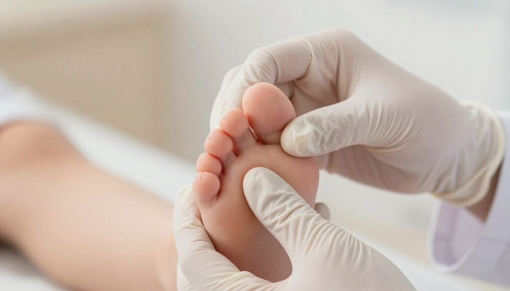 A close-up of a child's foot with a focus on an ingrown toenail, showcasing the nail slightly curling into the toe, causing discomfort. The background is softly blurred to emphasize the foot, with gentle, warm lighting to create a calm and professional atmosphere. The skin tone is representative of a young child, with small, delicate toes and well-kept nails on the other toes. A pediatric podiatrist's hands, gloved and in a professional shirt, are gently examining the toe, adding an element of care and expertise. The image captures the essence of professional treatment and safety, highlighting the importance of proper nail care for children.
