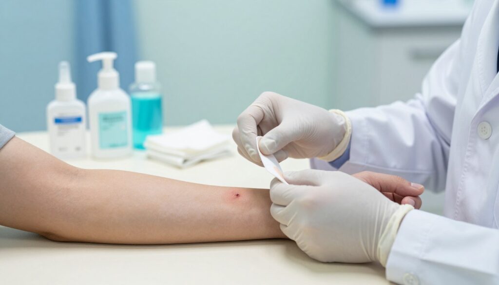 A close-up of a clean, well-dressed healthcare professional, wearing a white lab coat and gloves, examining a minor wound on a patient’s arm. The foreground focuses on the professional’s hands delicately holding a sterile bandage, while the patient’s arm rests on a bright, sterile examination table. In the middle ground, soft medical supplies are neatly organized, including antiseptic and gauze. The background features a softly lit clinic environment with calming blue and green tones, conveying a safe and reassuring atmosphere. The lighting is bright yet soft, highlighting the details without harsh shadows. The mood is calm and professional, emphasizing the importance of seeking medical advice for wound care.