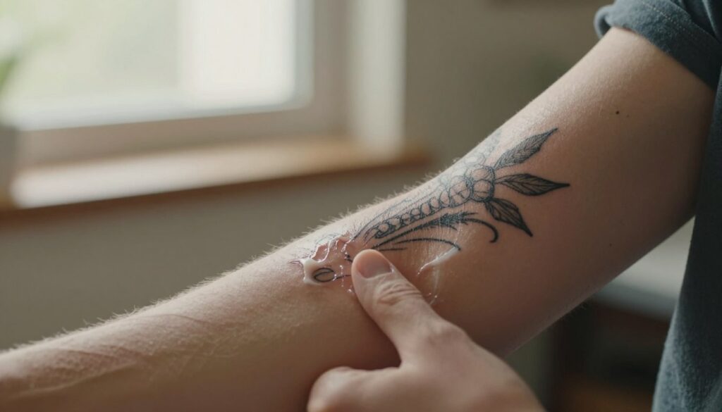 A close-up of a freshly inked tattoo on a person's forearm, showcasing the intricate details of the design. The skin has a slightly shiny appearance, indicating the application of aftercare ointment. In the foreground, the hand of the person gently touches the tattoo, highlighting the importance of careful hygiene during the healing process. The background features soft, diffused natural light filtering through a window, creating a warm atmosphere that conveys a sense of calm and attention. The scene is framed at an angle that emphasizes the tattoo while maintaining a focus on the person's relaxed demeanor. This image aims to capture the essence of tattoo aftercare during the initial healing days, emphasizing cleanliness and care.