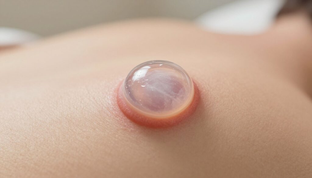 A close-up of a healing blister on human skin following a cryotherapy procedure, showcasing a clear, translucent blister filled with fluid, surrounded by slightly reddened skin. The foreground focuses on the blister, capturing details like the surface texture and subtle reflections of light. In the middle ground, the skin's natural tone is visible, evoking a sense of healing. The background is softly blurred to emphasize the blister, while warm, diffused lighting creates a calm and clinical atmosphere. The angle should be slightly above the blister to provide a clear view while ensuring a professional and educational presentation. The overall mood conveys a sense of medical care and recovery.