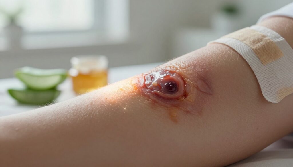 A close-up of a healing wound on a forearm, showcasing the stages of natural healing. The foreground features skin with a soft, warm glow highlighting the granulation tissue and newly formed epithelial layer. In the middle ground, hints of bandages and natural remedies like aloe vera and honey are subtly placed, emphasizing the healing process. The background is softly blurred to depict a clinical environment, illuminated with natural light filtering through a window, suggesting a calm atmosphere. The focus is on the intricate details of skin regeneration, capturing the essence of why wounds heal, evoking a sense of resilience and hope.