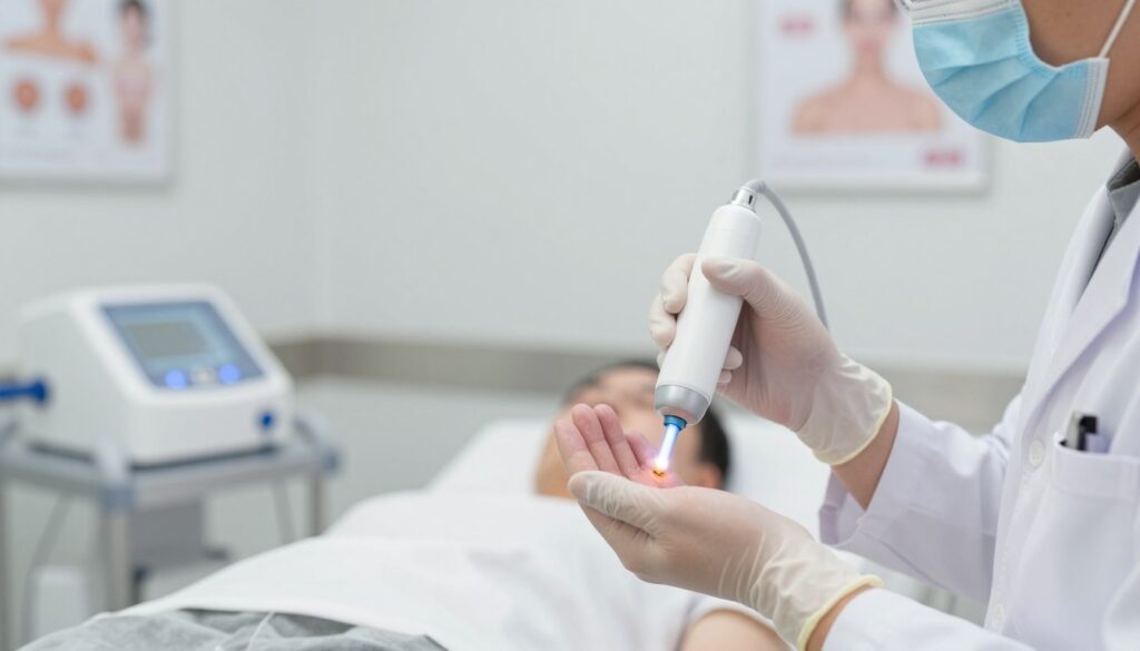 A close-up of a healthcare professional in a clean, modern clinic environment, wearing a white lab coat and protective gloves, demonstrating a cryotherapy technique to treat a wart. The professional is holding a small handheld device that emits a cold spray, directed at a wart on the hand of a patient, who is positioned out of focus in the background. The clinic is well-lit with soft, diffused lighting, creating a calming atmosphere. The background features medical equipment and posters related to skin care treatments, ensuring a professional setting. The overall mood is informative and reassuring, highlighting a safe and effective wart removal method. The viewer should feel a sense of trust in the treatment process.