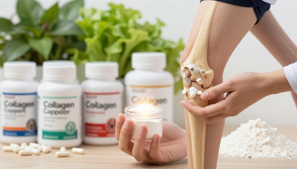 A close-up of a healthy knee joint surrounded by vibrant elements symbolizing collagen support, such as collagen supplements in neatly arranged bottles, capsules, and powder. The foreground features a human knee in a professional setting, clothed in modest, professional sports attire, showing movement and flexibility. The middle ground highlights a hand holding a sample of collagen powder, with gleaming light reflecting off the container, emphasizing its purity and quality. The background includes softly blurred images of green leafy vegetables and fish, symbolizing natural sources of collagen. The lighting is bright and natural, suggesting a sense of vitality and health. The atmosphere is uplifting, informative, and engaging, perfectly tailored for readers interested in joint health and dietary supplementation.