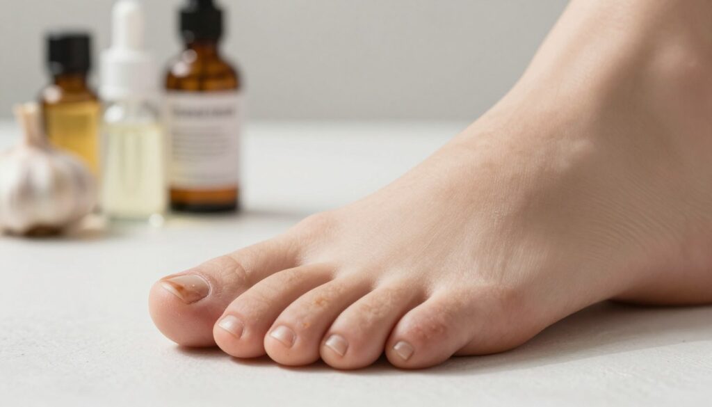 A close-up of a human foot with a focus on the toenails affected by nail fungus, depicting clear signs of discoloration and texture changes associated with fungal infections. The foot should be in a softly lit environment, with natural light illuminating the area, casting gentle shadows to enhance the details of the nails. In the background, a blurred image of various natural remedies like tea tree oil, vinegar, and garlic can be seen, suggesting alternative treatments. The overall atmosphere should convey a sense of concern and the need for proper care. The framing should be from a low angle to emphasize the foot while maintaining a clean and professional appearance, avoiding any distractions or unnecessary elements in the image.