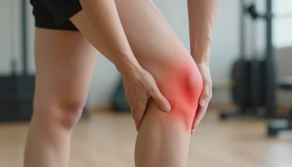 A close-up of a human knee with highlighted areas indicating pain and discomfort, focusing on the outer side of the knee, where symptoms of overload often manifest. The background features a softly blurred gym or workout setting, suggesting a focus on physical activity. In the foreground, the knee is positioned at an angle to capture the surrounding tendons and ligaments, with a light source emphasizing the area of pain, creating a warm and informative atmosphere. The skin texture is realistic, depicting slight redness or swelling to illustrate discomfort. The lighting is soft yet clear, enhancing details without being harsh. Overall, the mood is clinical and educational, aimed at providing insight into knee pain symptoms.