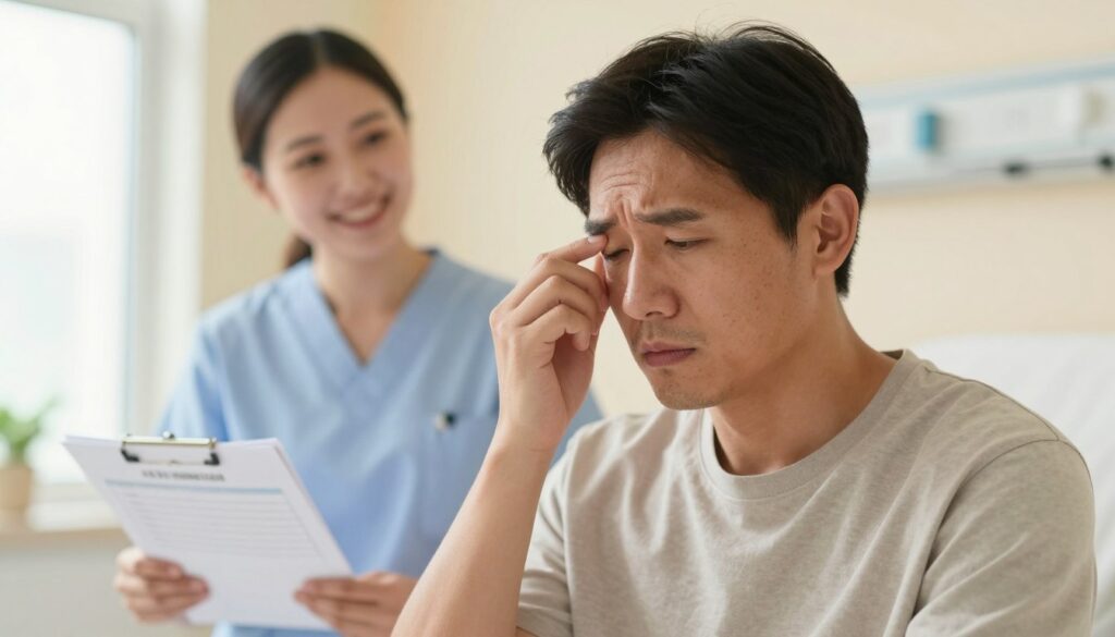 A close-up of a patient wearing modest casual clothing, sitting in a bright, well-lit recovery room after strabismus surgery. The patient is gently touching their eye, showing a slight expression of concern mixed with hope. In the foreground, there is a soft-focus medical chart and a reassuring nurse smiling in the background, providing support. The walls are painted in soothing pastel colors, and a window allows natural light to illuminate the scene, creating a calm and encouraging atmosphere. The image conveys a sense of healing and care, emphasizing the key stages of recovery, with soft shadows and a warm color palette enhancing the overall mood.