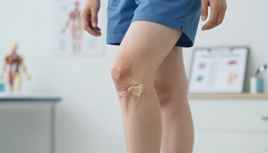 A close-up of a person standing in a well-lit clinical environment, showcasing the distinctive alignment of "szpotawość kolan" (knock knees) with a focus on the knees' inward rotation. The subject, dressed in professional medical attire, is positioned at a slight angle to provide a clear view of the knee joint intricacies. Soft diffused lighting emphasizes the contours and structure of the legs, highlighting any associated muscle tension. In the background, a blurred medical chart or anatomical model can be seen, adding context without becoming distracting. The overall atmosphere should convey a sense of professionalism and clarity, suitable for discussing causes and implications of knee deformities in a medical setting.