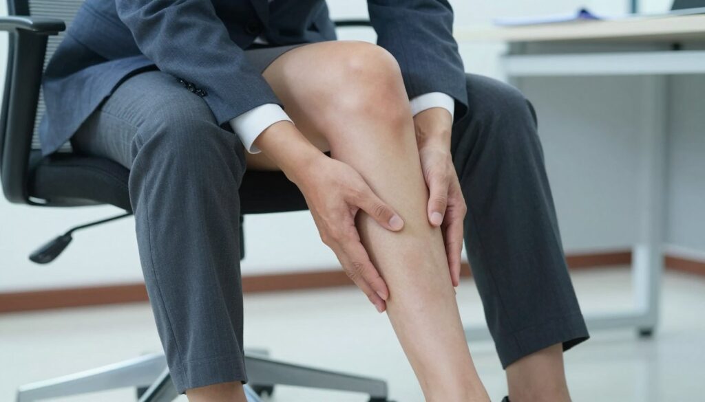 A close-up of a person's legs, sitting on a chair, visibly experiencing numbness and tingling sensation from the knees down. The individual is dressed in professional business attire, such as tailored trousers and polished shoes, adding to an office environment. Focus on the legs showing subtle signs of tension, with light gently illuminating the scene from a nearby window, creating soft shadows. The background features a blurred office setting with elements like a desk and papers, establishing a serious yet calm atmosphere. The color palette is neutral, with soft blues and grays to evoke a sense of professionalism and tranquility, emphasizing the neurological and circulatory concerns depicted. A close-up of a person's legs, sitting on a chair, visibly experiencing numbness and tingling sensation from the knees down. The individual is dressed in professional business attire, such as tailored trousers and polished shoes, adding to an office environment. Focus on the legs showing subtle signs of tension, with light gently illuminating the scene from a nearby window, creating soft shadows. The background features a blurred office setting with elements like a desk and papers, establishing a serious yet calm atmosphere. The color palette is neutral, with soft blues and grays to evoke a sense of professionalism and tranquility, emphasizing the neurological and circulatory concerns depicted.