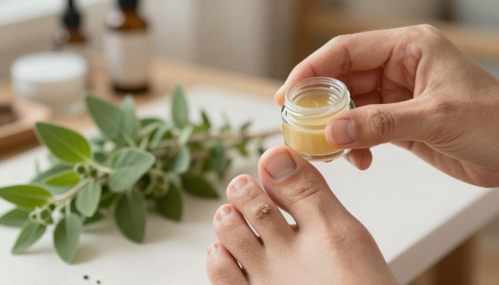 A close-up of a person’s hands applying a natural, herbal treatment to their toenails, showcasing a caring and attentive approach to treating toenail fungus. The foreground features the hands, gently holding a small jar of a herbal ointment, with a focus on the nails that show signs of a fungal infection. In the middle, there are visible plants like tea tree and oregano, known for their antifungal properties, arranged aesthetically. The background is softly blurred, with a warm, inviting atmosphere, hinting at a cozy home environment. The lighting is soft and natural, emphasizing the textures of the skin and the herbal ingredients, creating a calming and hopeful mood.
