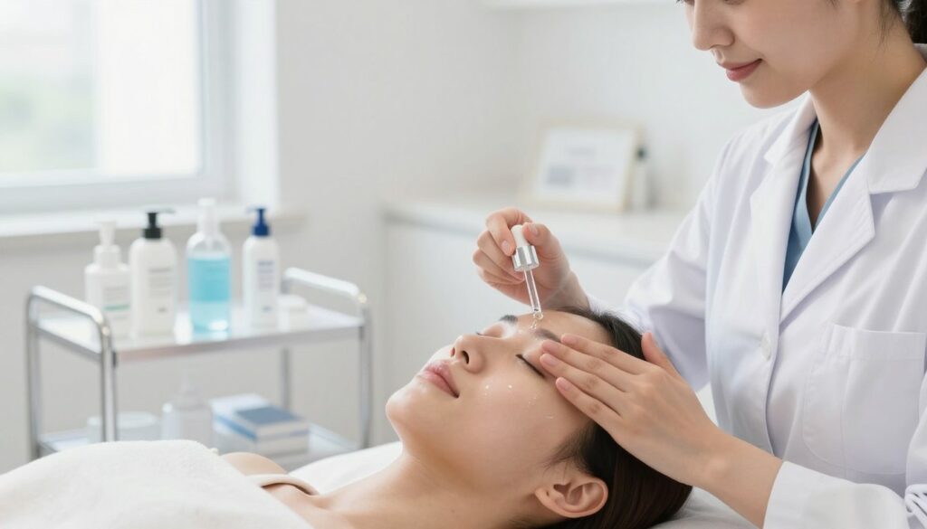 A close-up of a serene, well-lit clinical environment focusing on a patient receiving post-plasma treatment skincare. In the foreground, a professional aesthetician, dressed in a white lab coat, gently applies soothing serum to the patient’s radiant skin, showcasing a sense of calm and healing. The middle ground features a treatment table with skincare products displayed neatly, conveying a sense of organization and care. The background should include a soft-focus view of the clinic's clean, modern interior with soft white walls and natural light streaming in through large windows. The atmosphere should evoke tranquility and professionalism, emphasizing the essence of recovery and skin health after an aesthetic procedure.