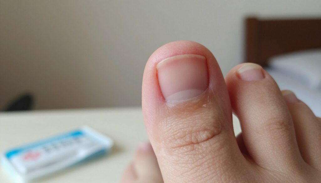 A close-up of an ingrown toenail, highlighting the area of concern with a focus on the nail's curvature and surrounding skin. The scene captures a soft, natural light that emphasizes the textures of the skin and nail. In the foreground, the toenail is sharp and clear, showcasing the redness and minor irritation around the edge. In the middle background, a neutral, softly blurred home setting with a hint of a first aid kit, subtly suggesting home remedies. The overall atmosphere is clinical and informative, evoking a sense of care and caution. The composition is taken at eye level to create an intimate perspective, ensuring no human subjects are depicted.