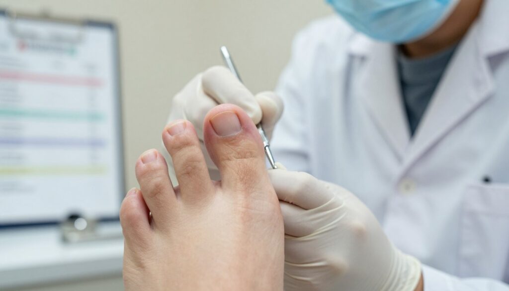 A close-up of an ingrown toenail in a professional podiatrist's office setting. The foreground features a foot with a clearly visible, swollen, and reddened area around the ingrown toenail, showcasing the condition's severity. In the middle ground, a podiatrist, dressed in a clean white coat, is carefully examining the foot with a pair of sterile instruments, demonstrating professional expertise. The background shows medical charts and tools, creating a clinical atmosphere with soft, natural lighting that emphasizes cleanliness and professionalism. The image conveys a sense of healing and care, representing effective treatment methods in a soothing environment. The angle is slightly overhead, focusing on the interaction between the podiatrist and the patient’s foot.