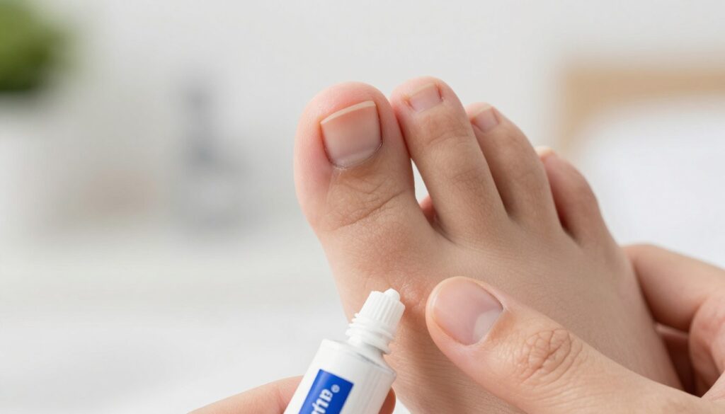 A close-up of an ingrown toenail on a foot, showcasing the affected area with vivid details like inflamed skin and the nail's curved edge digging into the surrounding flesh. The foot should be set against a clean, soft-focused background, perhaps hinting at a home setting, such as a bathroom or a living room, to convey an atmosphere of personal care and health. Natural soft lighting illuminates the scene, highlighting the texture of the skin and the nail. A hand gently holds a tube of ichthammol ointment nearby, suggesting treatment options without showing any brand labels. The overall mood should be one of hope and relief, inviting readers to consider remedies for this common issue.