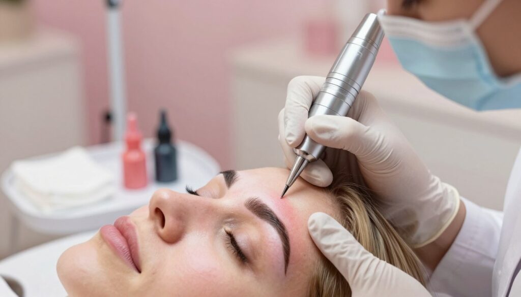 A close-up of beautifully shaped eyebrows undergoing the process of permanent makeup application. In the foreground, a professional aesthetician is gently applying pigment to the brows using a needle, dressed in a clean white coat and gloves. The skin around the eyebrow area displays mild redness, indicating recent treatment and healing, while there are visible pigments in soft, natural shades like brown and dark blonde. In the middle ground, tools such as a tattoo machine, ink pots, and cotton pads are neatly arranged on a sterile surface. The background showcases a softly lit beauty treatment room, decorated with calming pastel colors and minimalistic decor, creating a serene atmosphere. The overall mood is professional and soothing, highlighting the art and precision involved in permanent eyebrow makeup application.