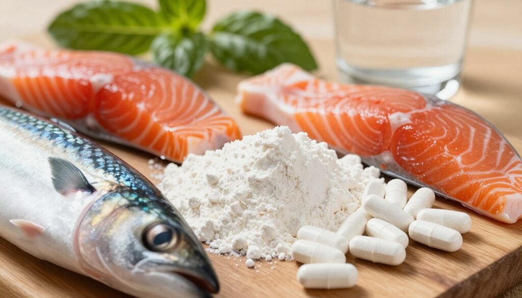 A close-up of fish collagen supplements arranged artfully on a wooden surface, surrounded by fresh fish, such as salmon and mackerel, showcasing their skin and scales reflecting natural light. In the background, blurred green leaves and a glass of water add a touch of freshness and healthiness to the composition. The lighting is soft and warm, enhancing the natural colors of the fish and the supplements. The image should evoke a sense of wellness and safety, suitable for a health-focused article. The angle is slightly elevated, focusing on the texture of the collagen powder and the vibrant colors of the fish, creating a harmonious and inviting atmosphere.