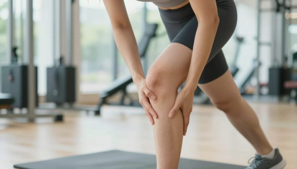 A close-up scene focusing on a person engaging in a lower body workout, emphasizing the care and exercise of the knees. The individual, wearing modest athletic clothing, is shown in a dynamic stretching position, with attention on knee alignment and mobility. In the foreground, detail the knees and legs, showcasing proper form to convey the importance of knee health during physical activity. The middle ground features a softly blurred workout environment, including a mat and exercise equipment to indicate an active lifestyle. The background reveals a bright, airy gym space with natural light streaming through large windows, creating a vibrant and motivating atmosphere. The composition captures a sense of determination and well-being, emphasizing the message of knee care in daily fitness routines.