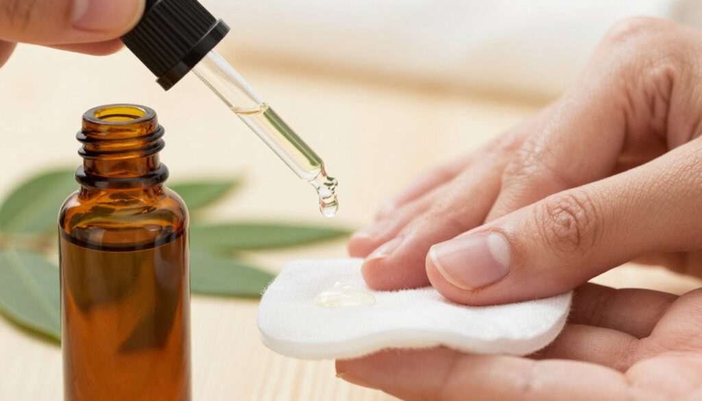 A close-up shot of a bottle of tea tree oil, positioned prominently in the foreground, with a delicate dropper dispersing a few drops of the oil onto a clean, white cotton pad. The middle ground features a soft-focus image of a pair of human hands gently tending to toenails affected by fungal infection, showcasing texture and detail. In the background, faintly blurred, are natural elements such as green leaves and soft earth tones, representing the healing properties of nature. The lighting is bright but soft, creating a calm and therapeutic atmosphere, reminiscent of a natural remedy environment. The image should evoke a sense of hope and wellness, aligning with a holistic approach to skincare. A close-up shot of a bottle of tea tree oil, positioned prominently in the foreground, with a delicate dropper dispersing a few drops of the oil onto a clean, white cotton pad. The middle ground features a soft-focus image of a pair of human hands gently tending to toenails affected by fungal infection, showcasing texture and detail. In the background, faintly blurred, are natural elements such as green leaves and soft earth tones, representing the healing properties of nature. The lighting is bright but soft, creating a calm and therapeutic atmosphere, reminiscent of a natural remedy environment. The image should evoke a sense of hope and wellness, aligning with a holistic approach to skincare.