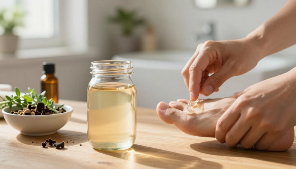 A close-up shot of a glass jar filled with apple cider vinegar, prominently placed in the foreground on a wooden table. Beside the jar, a small bowl contains fresh herbs and natural ingredients known for their antifungal properties, emphasizing a DIY treatment approach. In the middle ground, a pair of well-groomed hands is gently applying the vinegar to toenails, demonstrating the healing process. Soft sunlight streams in from a nearby window, creating a warm and inviting atmosphere. The background is slightly blurred, showcasing a clean, minimalistic bathroom setting with natural elements like potted plants. The overall mood is calm and healing, ideal for illustrating a natural skincare remedy.