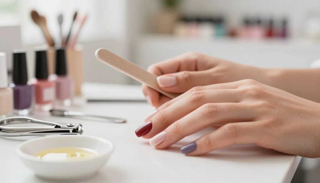 A close-up shot of well-groomed nails, showcasing a variety of nail shapes and colors, set against a soft-focus background of a serene nail salon atmosphere. The foreground features a pair of professional nail clippers and a wooden nail file, positioned neatly beside a small dish of cuticle oil, emphasizing preparation tools in the context of nail care. Bright, natural lighting illuminates the scene, creating an inviting and calming mood. The background subtly hints at shelves with nail polishes and manicure accessories, enhancing the salon environment without drawing attention away from the main subject. The angle should be slightly elevated to provide a clear view of the nails and tools, making the composition both informative and aesthetically pleasing. A close-up shot of well-groomed nails, showcasing a variety of nail shapes and colors, set against a soft-focus background of a serene nail salon atmosphere. The foreground features a pair of professional nail clippers and a wooden nail file, positioned neatly beside a small dish of cuticle oil, emphasizing preparation tools in the context of nail care. Bright, natural lighting illuminates the scene, creating an inviting and calming mood. The background subtly hints at shelves with nail polishes and manicure accessories, enhancing the salon environment without drawing attention away from the main subject. The angle should be slightly elevated to provide a clear view of the nails and tools, making the composition both informative and aesthetically pleasing.