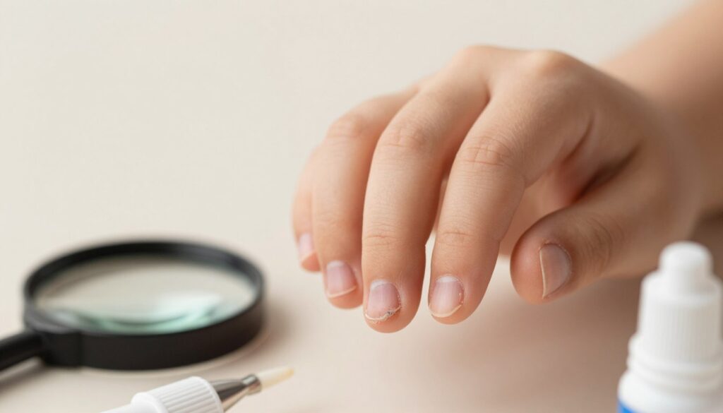A close-up view of a child's hand, specifically focusing on fingernails affected by nail fungus. The nails exhibit symptoms such as discoloration, thickening, and crumbling edges. The child's hand is positioned against a soft, neutral background with gentle lighting to highlight the texture and details of the nails. In the foreground, a few medical tools like a magnifying glass and a small bottle of antifungal treatment are subtly included. The mood is clinical yet compassionate, aiming to convey the importance of recognizing these symptoms early. The composition should emphasize clarity and detail, akin to an educational medical illustration.