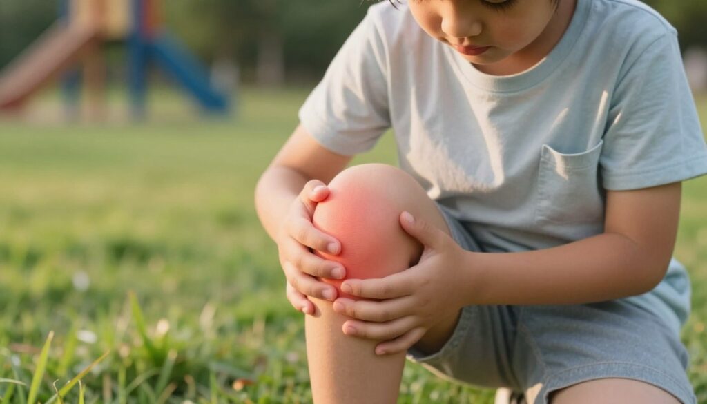 A close-up view of a child's knee, highlighted to show signs of growth pain. The foreground features a young child wearing modest, casual clothing, sitting on a grassy field with a focus on their knee joint, slightly swollen and red to indicate discomfort. The middle ground includes soft, blurred greenery that suggests a safe, outdoor environment, enhancing the feeling of activity and play. In the background, hints of playground equipment are subtly out of focus, implying a joyful atmosphere. The lighting is warm and natural, reminiscent of a late afternoon, casting gentle shadows that create an intimate mood. The angle is slightly downward, emphasizing the knee while capturing the child's expression of curiosity and mild concern. The overall atmosphere is one of tenderness and understanding, reflecting the experience of growing pains without implying injury or trauma.