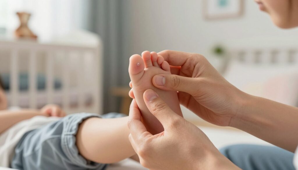 A close-up view of a child’s foot being carefully examined by an attentive parent. The focus is on the toenails, highlighting a potential ingrown toenail condition. The parent, dressed in casual yet modest clothing, is gently holding the child’s foot, ensuring a comforting atmosphere. Soft natural lighting filters in from a window, casting gentle shadows, enhancing the warmth of the scene. In the background, there are hints of a cozy nursery, with pastel-colored decor and a few toys subtly out of focus, emphasizing the nurturing environment. The mood is calm and reassuring, lending itself to discussions of child health and well-being. A close-up view of a child’s foot being carefully examined by an attentive parent. The focus is on the toenails, highlighting a potential ingrown toenail condition. The parent, dressed in casual yet modest clothing, is gently holding the child’s foot, ensuring a comforting atmosphere. Soft natural lighting filters in from a window, casting gentle shadows, enhancing the warmth of the scene. In the background, there are hints of a cozy nursery, with pastel-colored decor and a few toys subtly out of focus, emphasizing the nurturing environment. The mood is calm and reassuring, lending itself to discussions of child health and well-being.