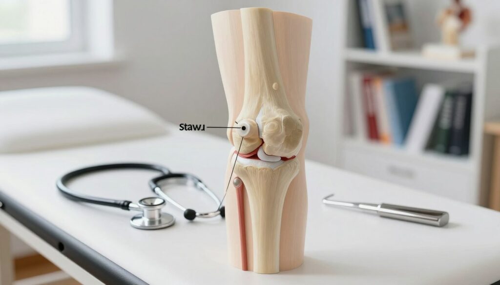 A close-up view of a detailed anatomical diagram of a knee joint, showcasing the stawu kolanowego (knee joint) with labeled ligaments, tendons, and cartilage. The image should be set on a clean, well-lit medical examination table in an orthopedic clinic. In the foreground, focus on the knee joint diagram with soft, natural lighting that highlights its details. In the middle ground, include a stethoscope and orthopedic tools subtly to emphasize the medical context. In the background, softly blurred shelves filled with medical textbooks and anatomical models to create an informative atmosphere. The overall mood should be clinical and educational, conveying professionalism and care in the orthopedic field.