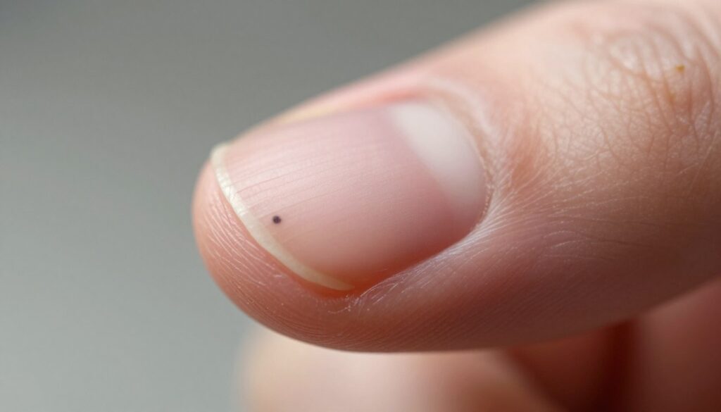 A close-up view of a fingernail with a dark spot underneath, depicting a subungual melanoma (czerniak podpaznokciowy). The image should show the nail in sharp focus, revealing the details of the nail bed and the contrasting dark pigmentation. The background should be softly blurred to emphasize the nail, with soft diffused lighting that highlights the texture of the skin and the nail. The angle should be slightly tilted to capture both the nail and a portion of the finger, suggesting the need for medical evaluation. The overall atmosphere should be serious and clinical, suitable for a medical analysis.