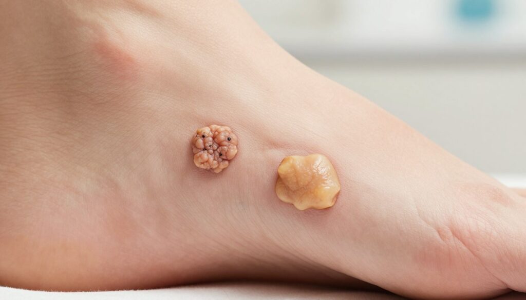 A close-up view of a foot displaying two lesions: one a wart (brodawka) and the other a corn (odcisk). The wart is characterized by its rough, cauliflower-like surface and small black dots within it, while the corn appears as a smooth, hard, raised area with defined edges. Both lesions are on the pad of the foot and surrounded by healthy skin. The background is softly blurred healthcare setting, with a neutral color palette to keep the focus on the foot. Use soft, even lighting to highlight the textures of the skin and lesions, mimicking a clinical examination at a slight angle. Aim for an informative, educational atmosphere, suitable for an article on common foot ailments.