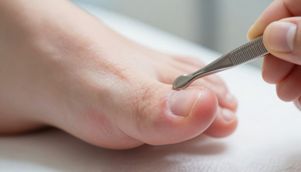 A close-up view of a foot with an ingrown toenail, featuring a detailed examination of the nail's edge digging into the surrounding skin. The foreground highlights the affected nail, showing redness and slight swelling around it, with a focus on the intricate texture of the nail and skin. In the middle, display a small orthonyx technique tool, such as a brace or splint, delicately positioned next to the foot. The background should be blurred, suggesting a clinical setting, with soft, natural lighting that emphasizes the health-related context. The overall mood should evoke a sense of care and professionalism, suitable for a medical discussion. The composition should be intimate yet respectful, avoiding any sensationalism.