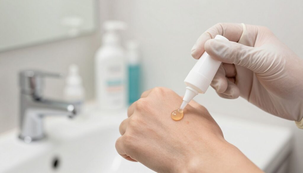 A close-up view of a hand applying a clear, gel-like wart treatment on a small, targeted area of skin, showcasing the effectiveness of the product. The hand, wearing a white disposable glove, gently presses the applicator tip against the skin where a wart is visible. In the background, a softly lit bathroom scene features a sink, a mirror reflecting the space, and various skincare products arranged neatly. The lighting is bright and clean, creating a professional and clinical atmosphere. A slight depth of field blurs the background to emphasize the preparation's application process. The mood should convey hope and assurance for effective wart treatment, inviting viewers to feel a sense of safety and trust in the product's efficacy.