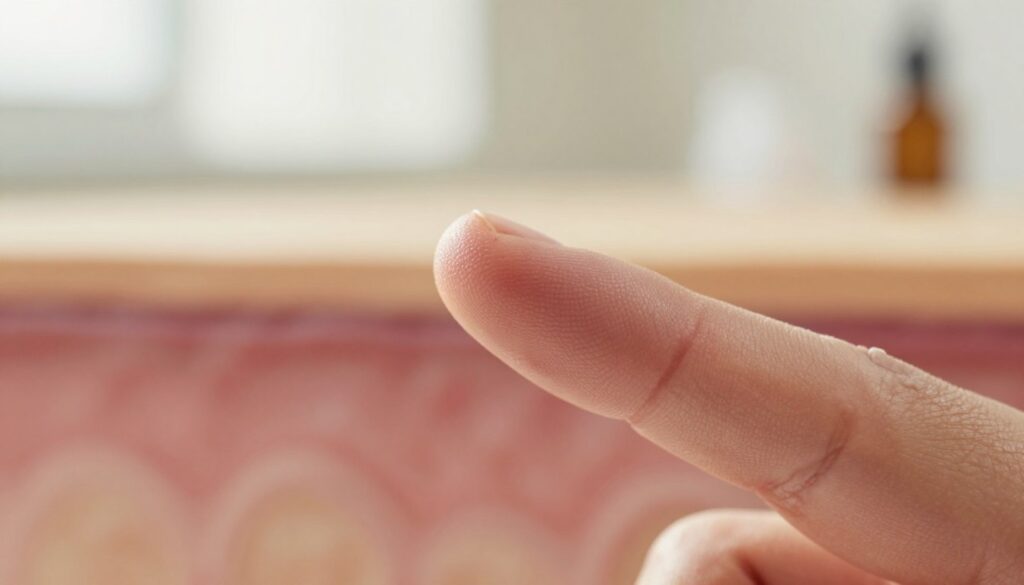 A close-up view of a healed wart on a human finger, showcasing the skin's texture and healing process. The foreground features the finger gently illuminated to highlight the smooth, slightly raised area where the wart was, emphasizing the healthy skin surrounding it. In the middle ground, include a soft-focus depiction of dermal layers beneath the surface to illustrate regeneration. The background is a blurred natural light setting, like a serene health clinic environment with soft, warm lighting to evoke a sense of care and healing. Capture the mood of recovery and hope, with a shallow depth of field emphasizing the healing process. The image should be devoid of any text or additional elements, focusing solely on the subject. A close-up view of a healed wart on a human finger, showcasing the skin's texture and healing process. The foreground features the finger gently illuminated to highlight the smooth, slightly raised area where the wart was, emphasizing the healthy skin surrounding it. In the middle ground, include a soft-focus depiction of dermal layers beneath the surface to illustrate regeneration. The background is a blurred natural light setting, like a serene health clinic environment with soft, warm lighting to evoke a sense of care and healing. Capture the mood of recovery and hope, with a shallow depth of field emphasizing the healing process. The image should be devoid of any text or additional elements, focusing solely on the subject.