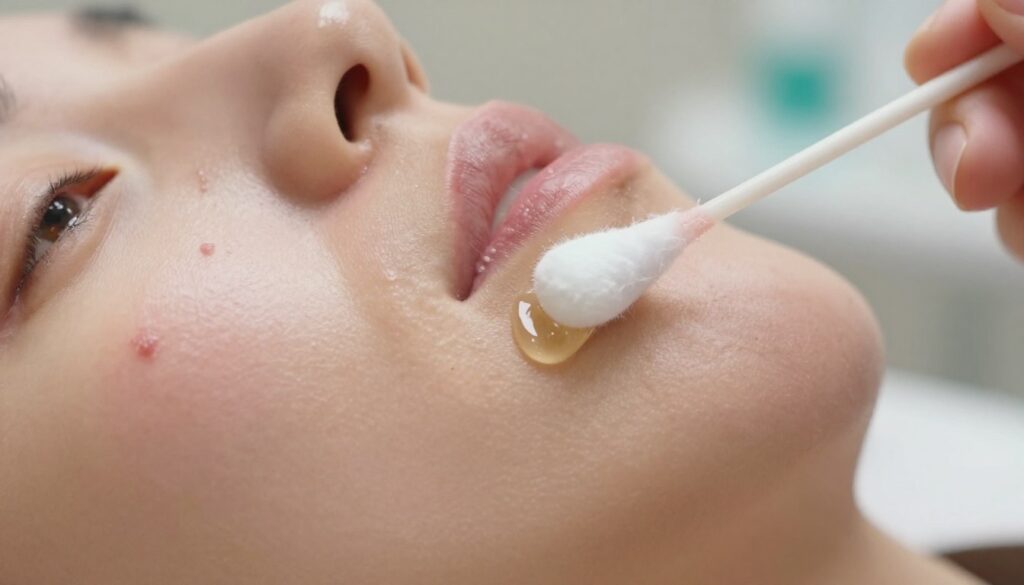 A close-up view of a healing skin surface after a wart removal procedure, focusing on the textured skin with slight redness and small, healing scabs. In the foreground, there is a glistening drop of aloe vera gel being gently applied with a cotton swab, symbolizing the importance of skin care post-procedure. The middle ground showcases the surrounding skin, showing signs of healing with a soft, natural glow. In the background, a blurred medical setting is visible, hinting at a clinic atmosphere with soft, warm lighting that conveys a sense of care and professionalism. The mood is calm and reassuring, emphasizing healing and recovery. Overall, the image should reflect the process and timeline of skin healing effectively.