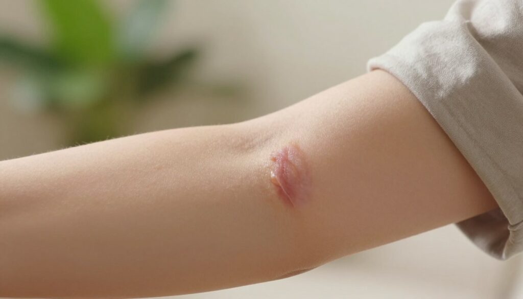 A close-up view of a healing surgical scar on a person's arm, showcasing the texture and subtle color variations of the scar tissue. The arm is positioned against a softly blurred background that features gentle green plants, suggesting a calming and healing environment. The lighting is warm and inviting, highlighting the intricacies of the scar while maintaining a soft focus on the skin around it. The subject is wearing a modest, casual shirt, ensuring a professional appearance. The image evokes a sense of hope and recovery, emphasizing the importance of lifestyle choices on the aesthetics of scar healing. The overall mood is serene, promoting a sense of well-being and care.