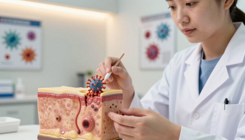 A close-up view of a healthcare professional in a lab coat, examining an anatomical model of human skin with visible warts, highlighting the structure of the HPV virus. The foreground features the model intricately detailed, showing the layers of skin and the core of a wart. In the middle ground, a decorative, modern clinic environment is depicted, with clean lines and soft lighting to evoke a sense of professionalism and care. The background includes diagrams and educational posters on viral infections, subtly focused to maintain clarity on the foreground subject. The lighting is bright and warm, creating an inviting atmosphere that emphasizes the importance of health education and prevention. The mood is informative and reassuring, portraying a proactive approach to HPV infection prevention. A close-up view of a healthcare professional in a lab coat, examining an anatomical model of human skin with visible warts, highlighting the structure of the HPV virus. The foreground features the model intricately detailed, showing the layers of skin and the core of a wart. In the middle ground, a decorative, modern clinic environment is depicted, with clean lines and soft lighting to evoke a sense of professionalism and care. The background includes diagrams and educational posters on viral infections, subtly focused to maintain clarity on the foreground subject. The lighting is bright and warm, creating an inviting atmosphere that emphasizes the importance of health education and prevention. The mood is informative and reassuring, portraying a proactive approach to HPV infection prevention.